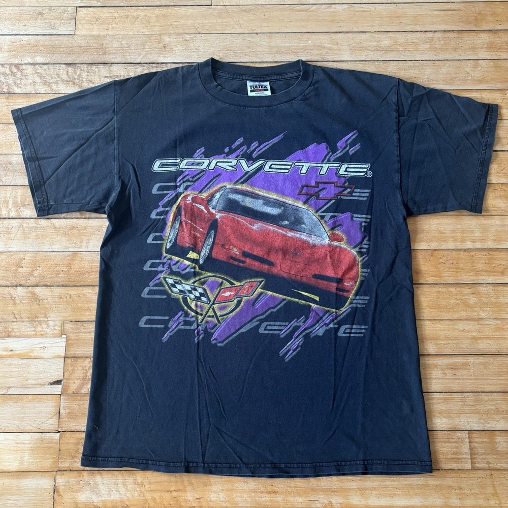 VTG Corvette T-Shirt Faded Two Sided AOP Size L Retro Racing 90s Tultex